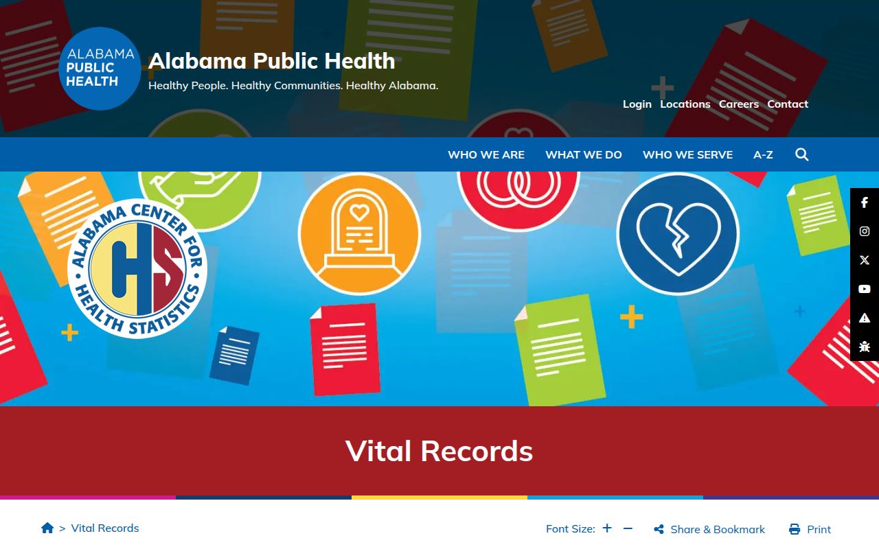 Alabama Department of Public Health vital records main page with contact information and ordering options